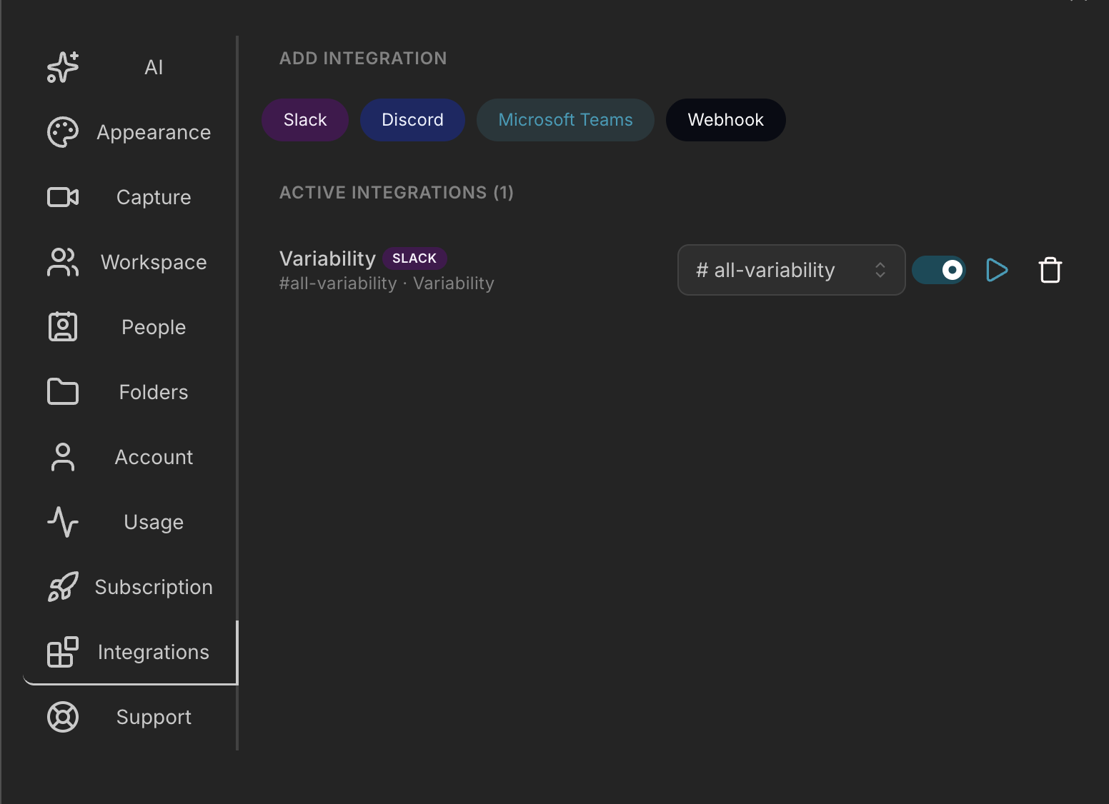 Variability's integrations settings with Slack, Discord, Microsoft Teams, and Webhook options, and an active Slack integration posting to a #all-variability channel