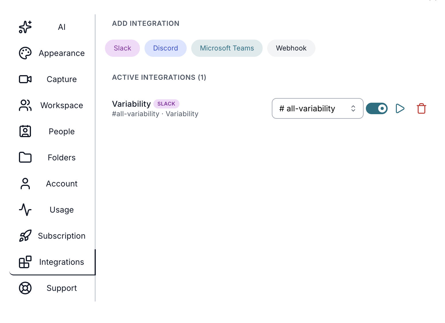 Variability's integrations settings with Slack, Discord, Microsoft Teams, and Webhook options, and an active Slack integration posting to a #all-variability channel