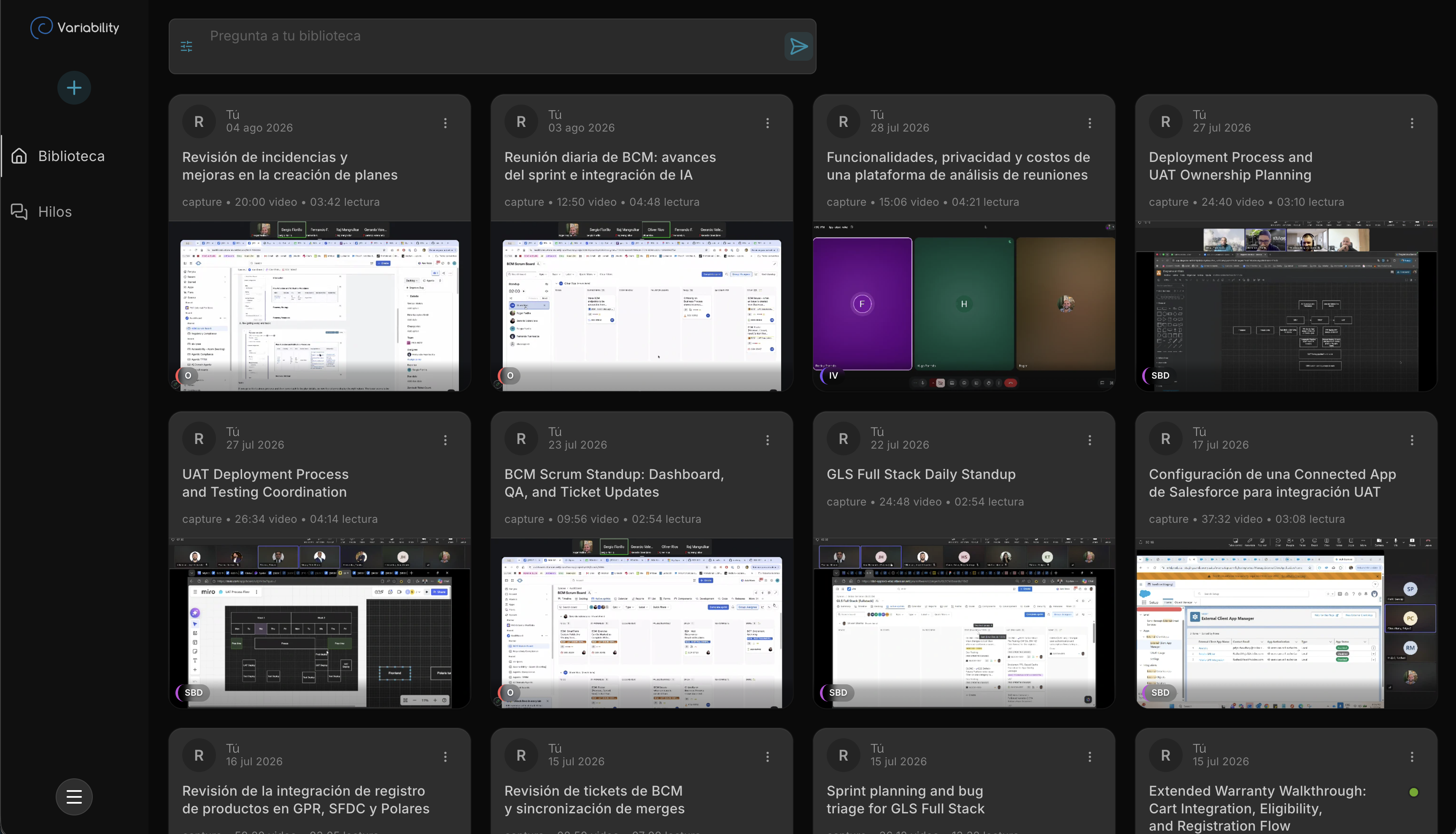 Variability library view showing recorded meetings organized as cards with summaries