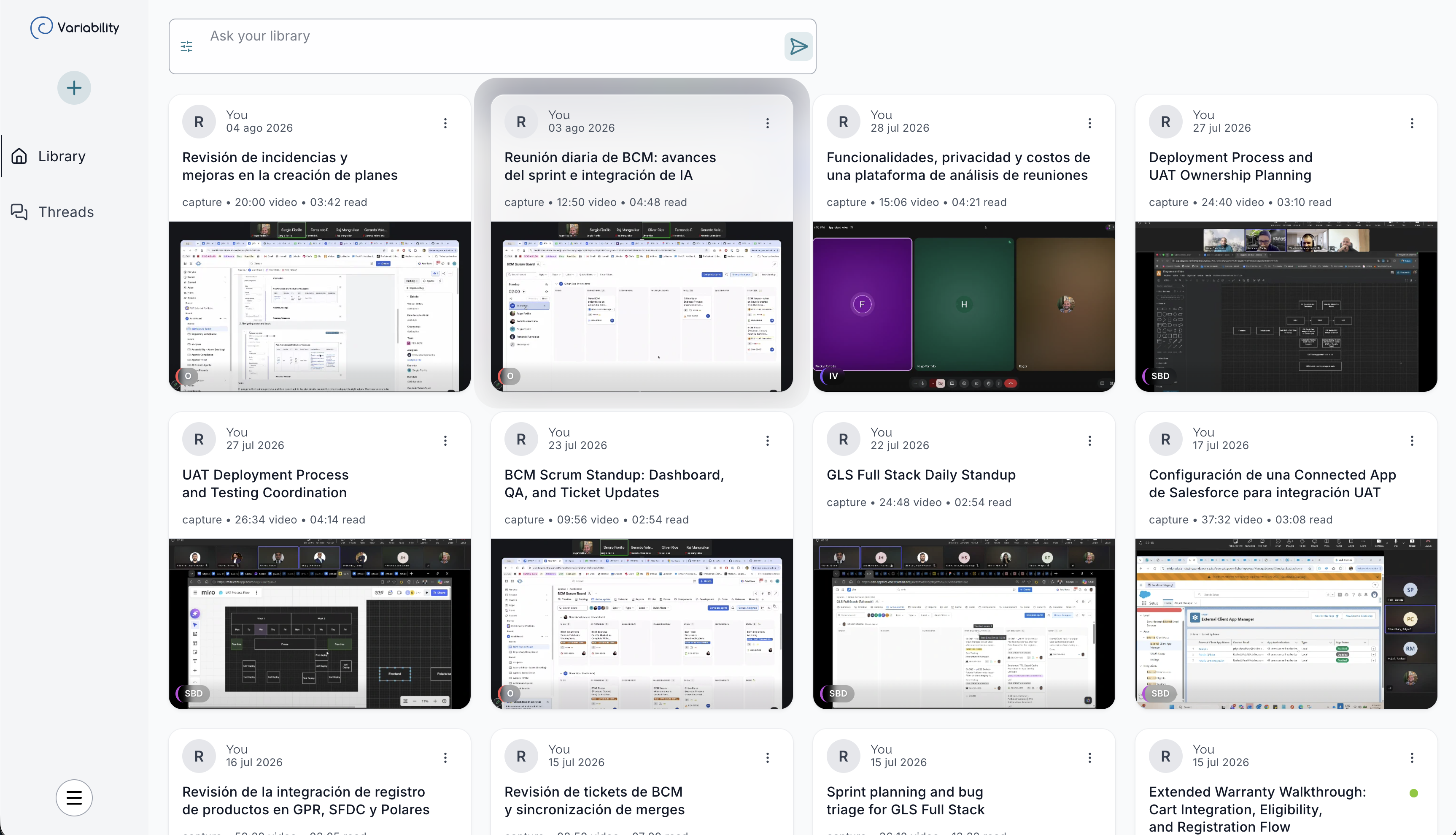 Variability library view showing recorded meetings organized as cards with summaries