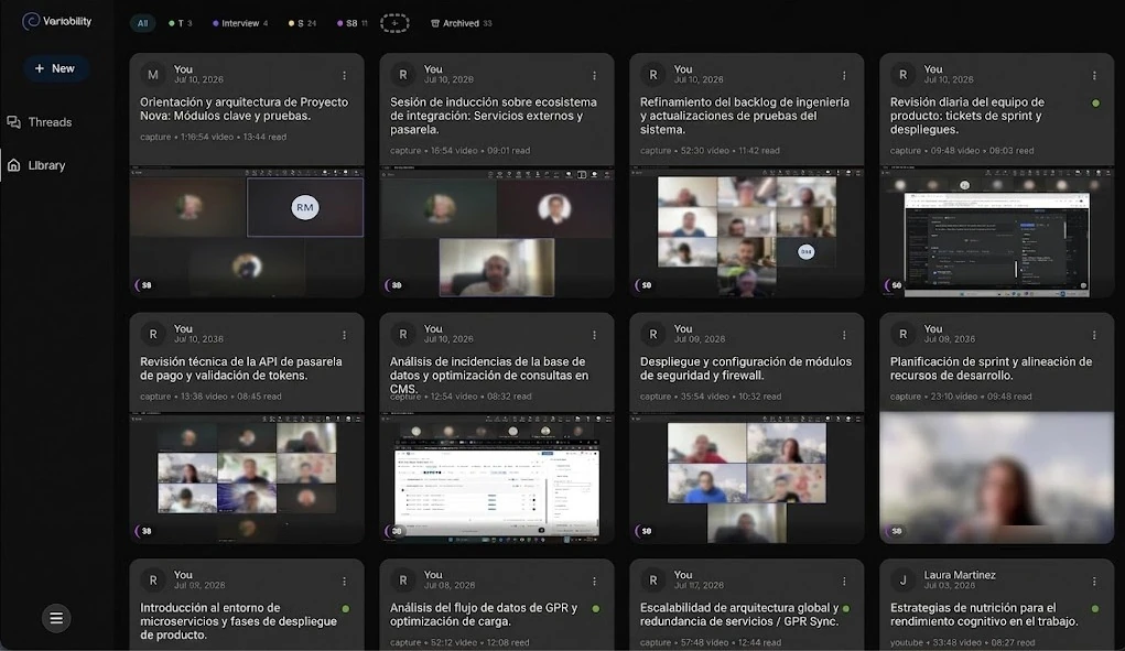 Variability library view showing recorded meetings organized as searchable cards with summaries