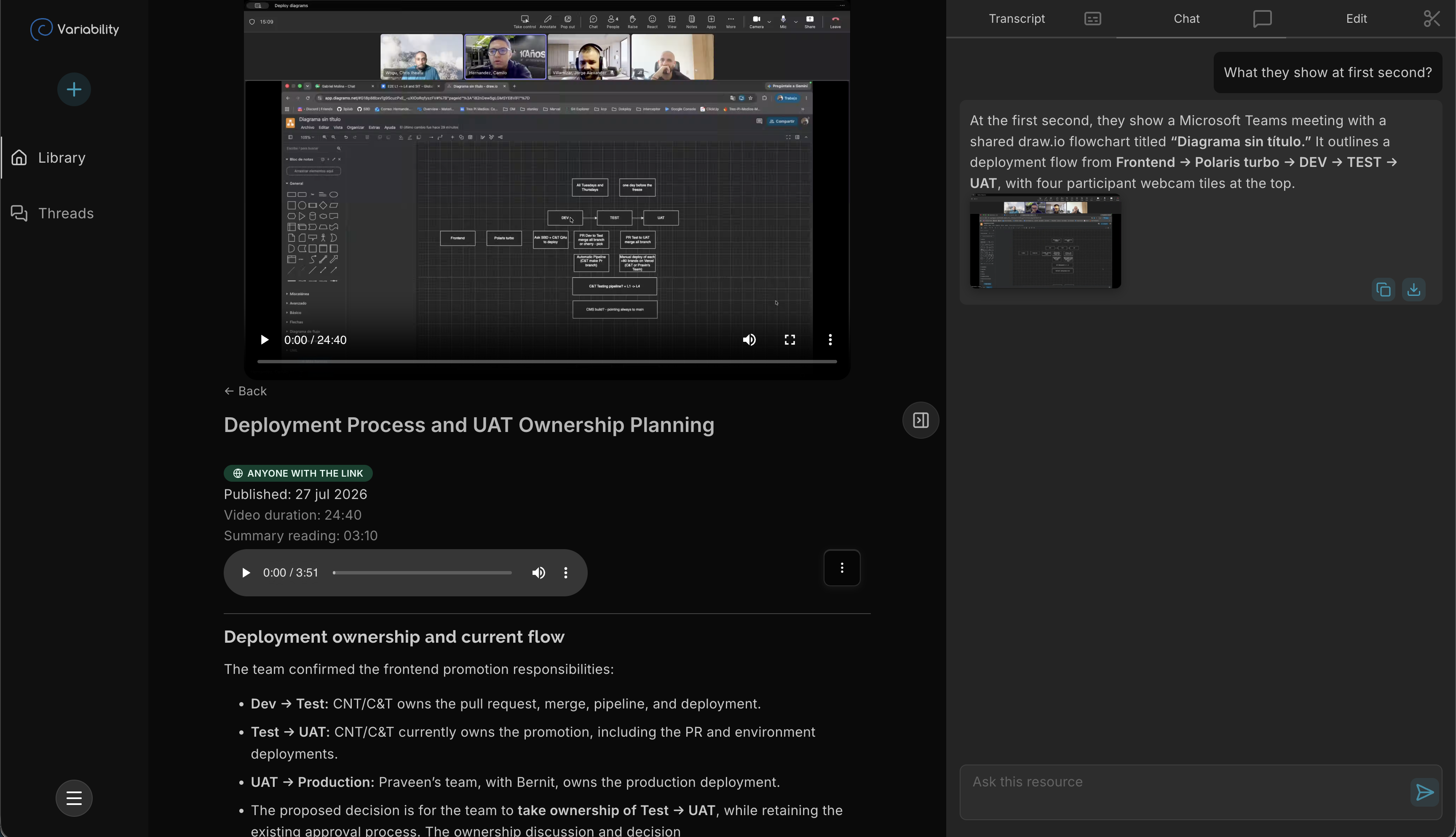 Chatting with a recorded meeting in Variability: a question about the video, answered with a description and a screenshot from the moment it refers to