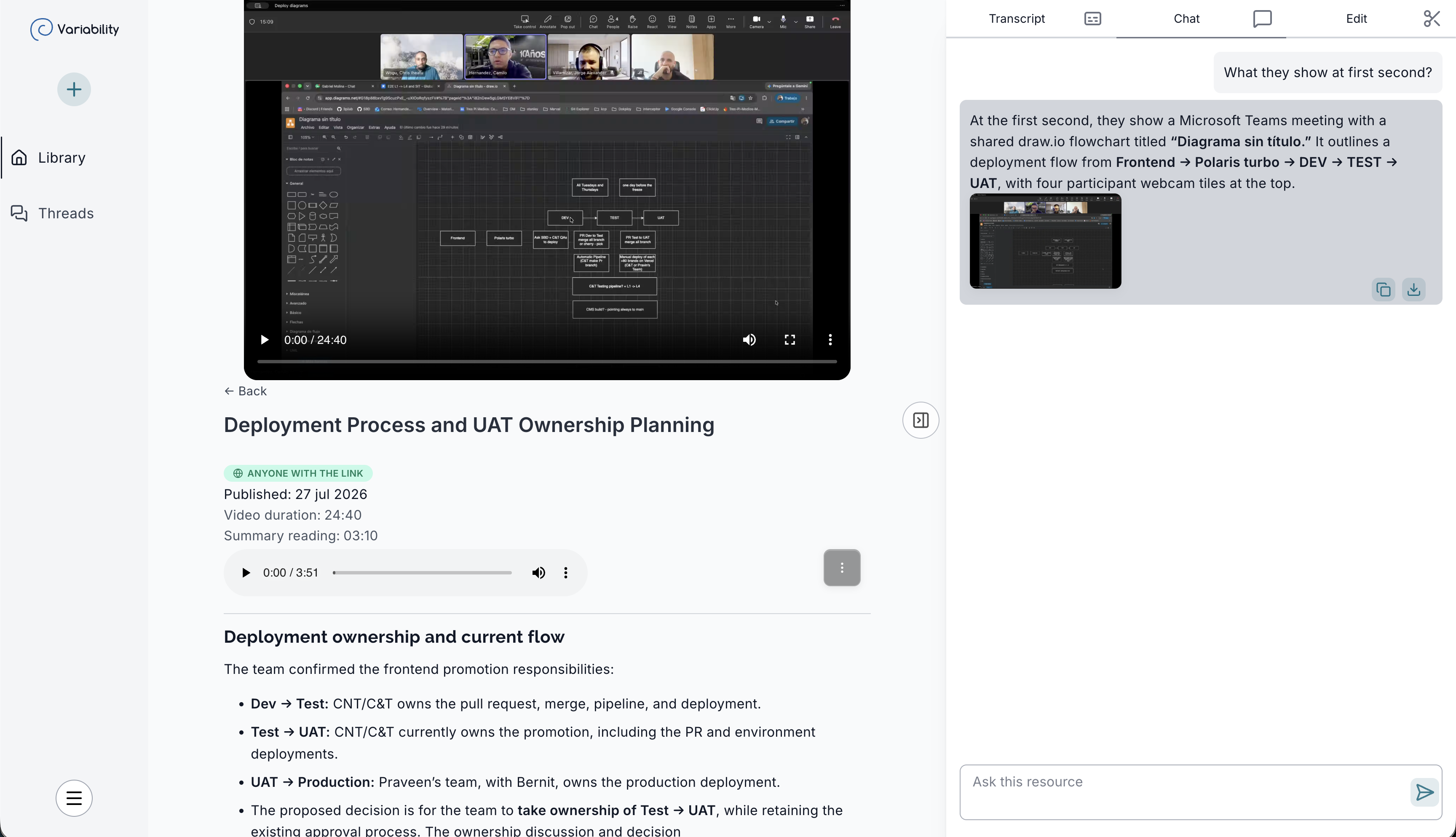 Chatting with a recorded meeting in Variability: a question about the video, answered with a description and a screenshot from the moment it refers to