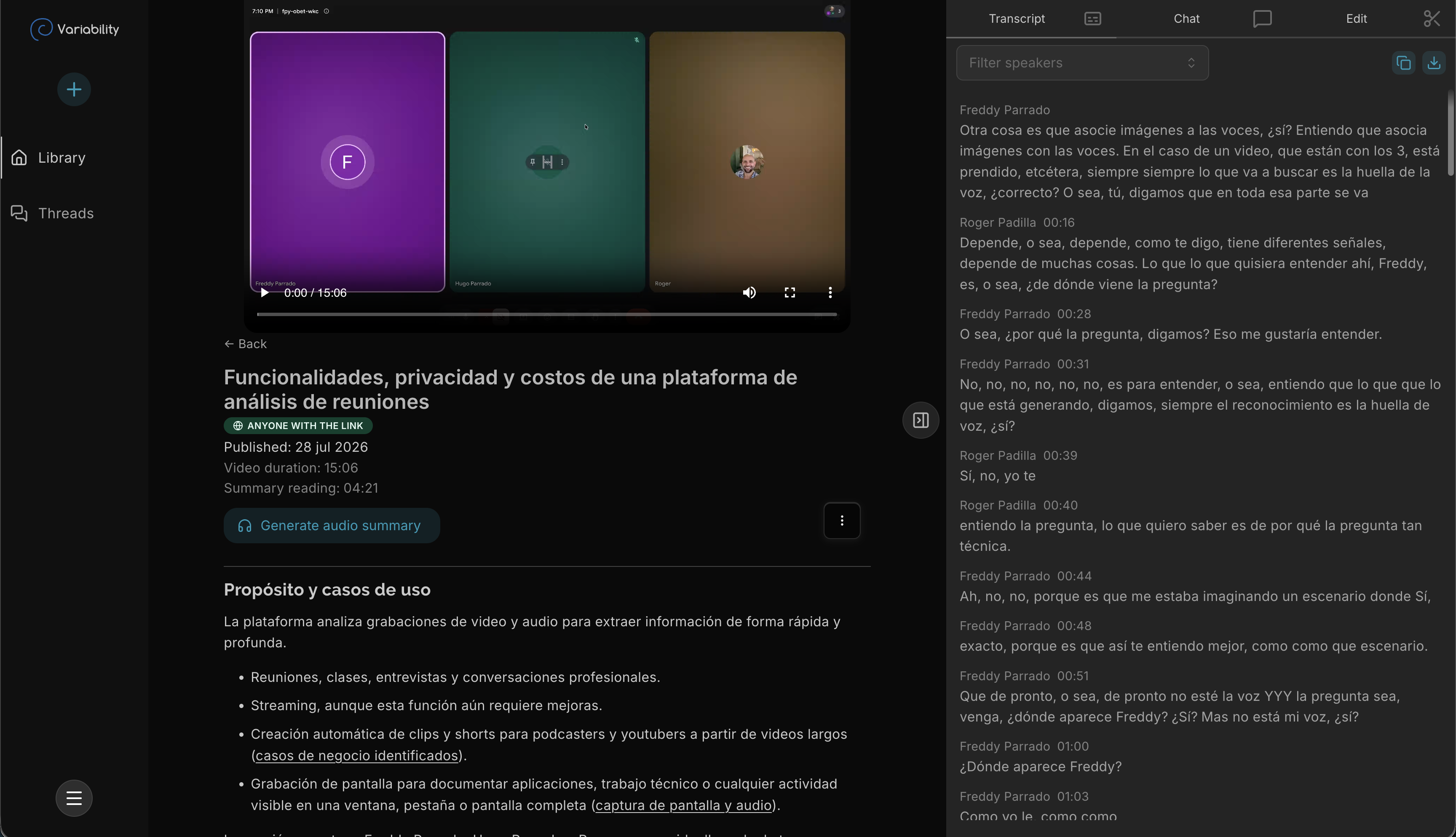 A recorded meeting in Variability with the video, transcript panel, and a structured written summary with headings and clickable citations