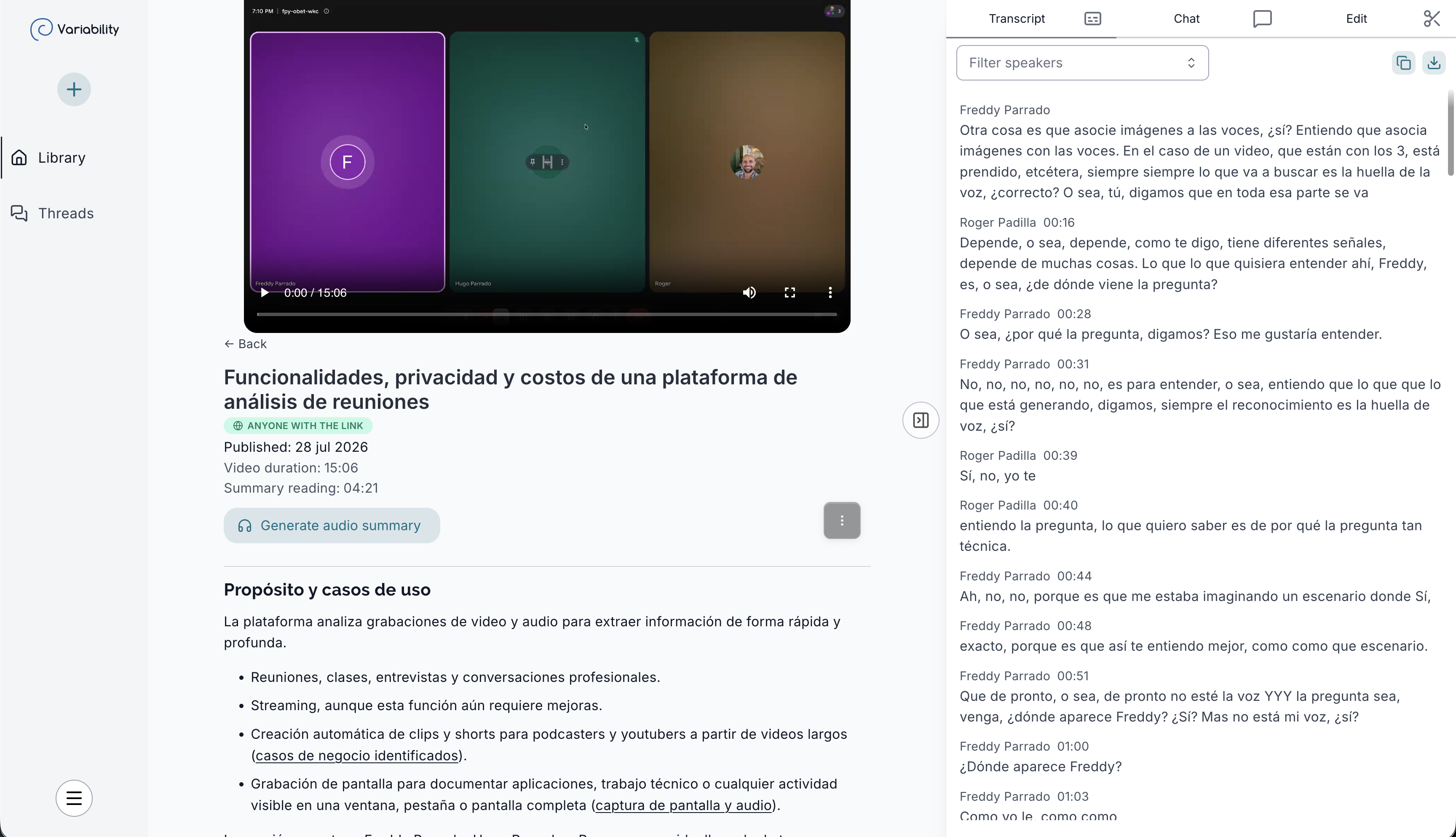 A recorded meeting in Variability with the video, transcript panel, and a structured written summary with headings and clickable citations