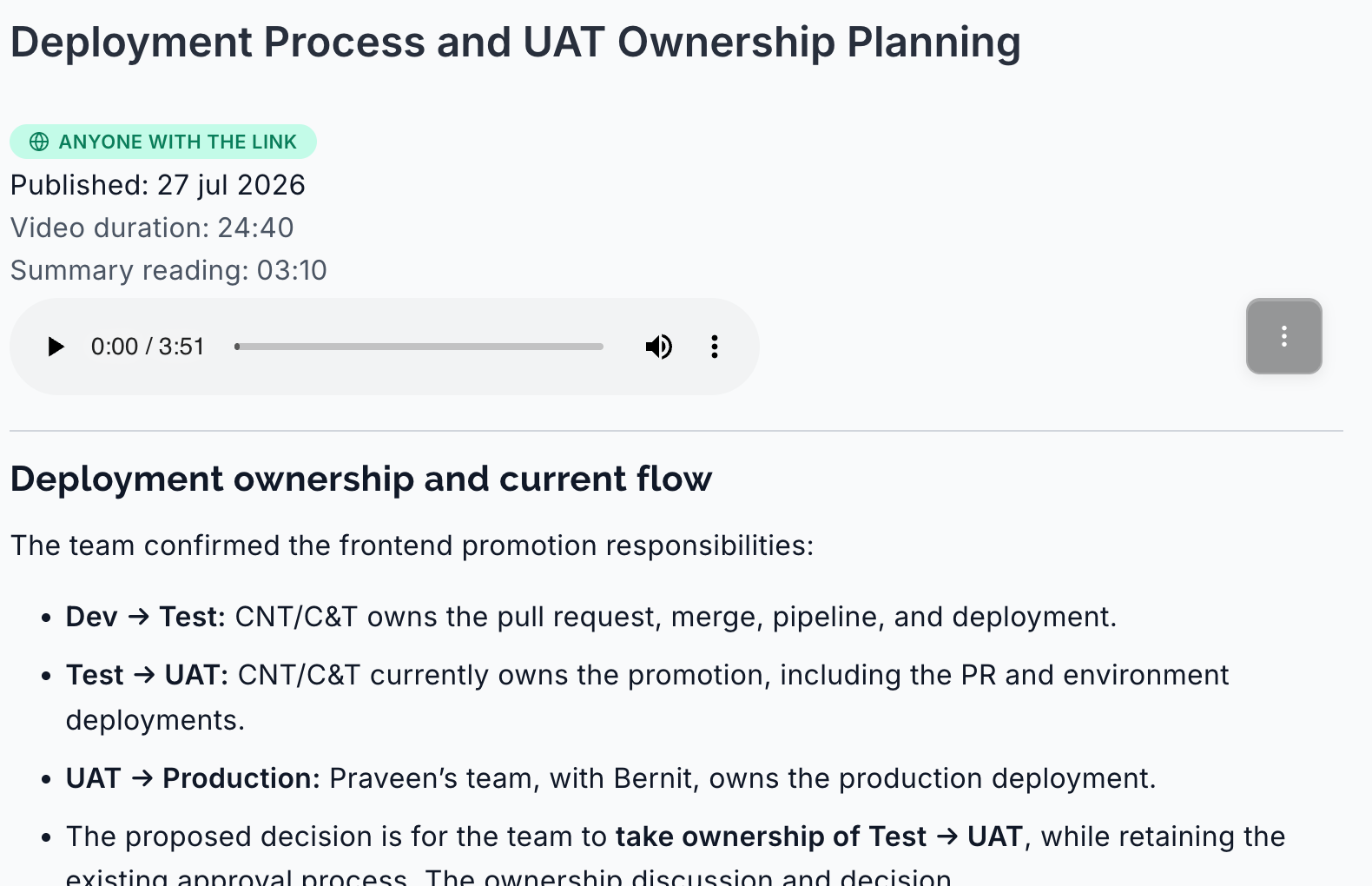 A finished summary in Variability: the meeting title, how long it takes to read, and a section of decisions listing who owns each step of a deployment