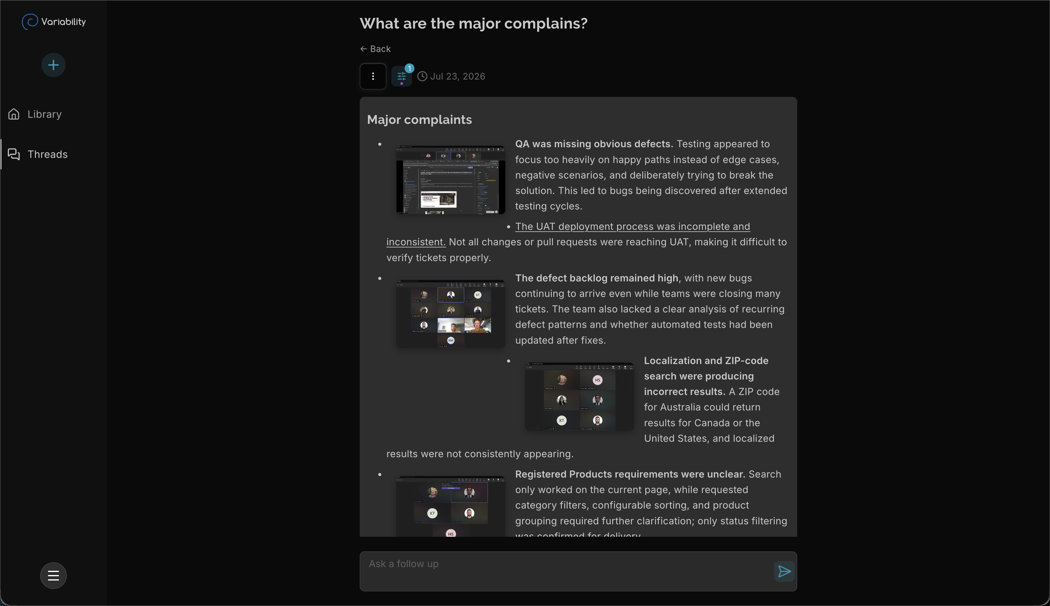 A Thread in Variability answering "What are the major complaints?" with a bulleted summary drawn from several different recorded meetings, each point linked to its source clip