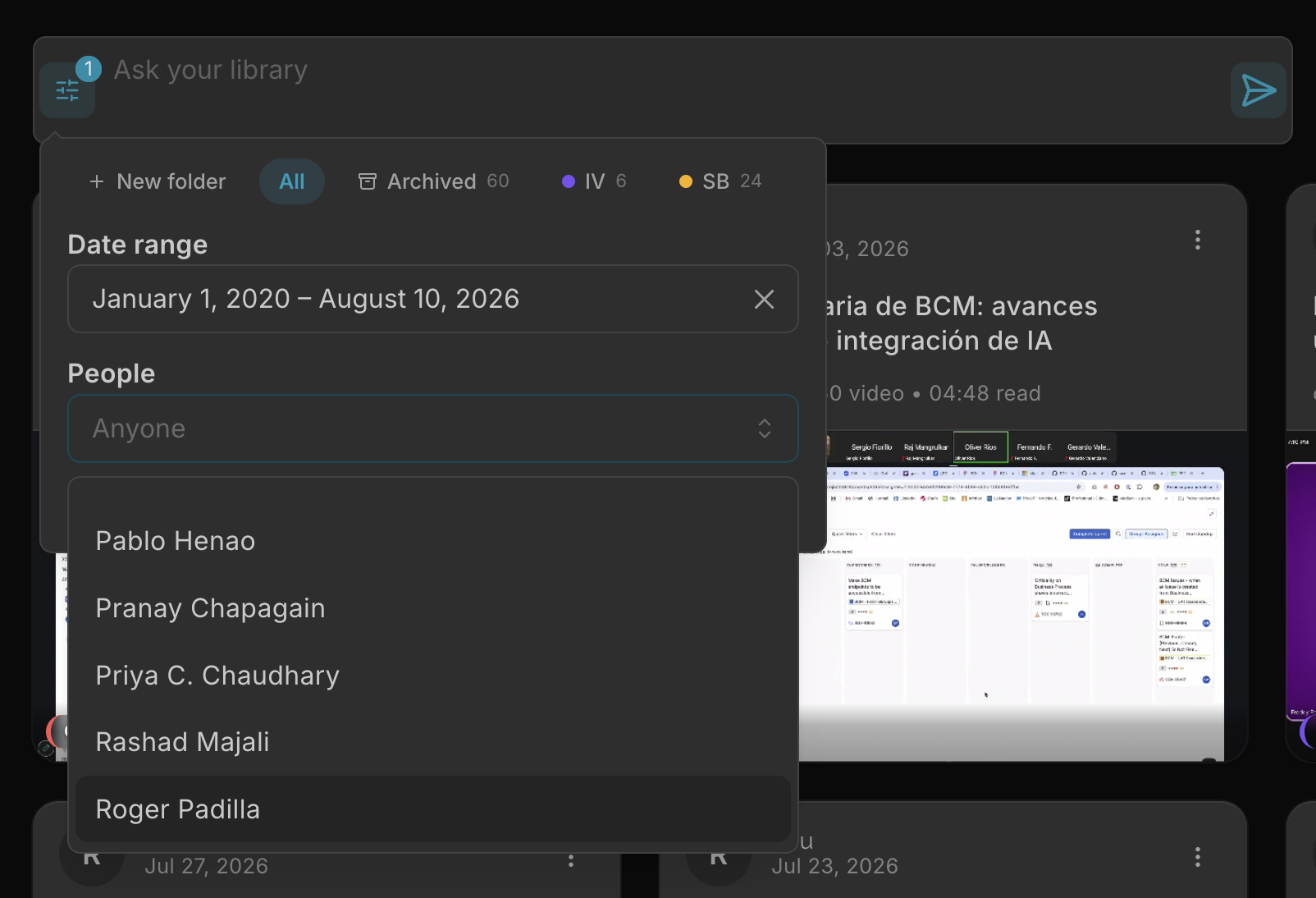 Variability's library filters: a date range picker and a people filter listing participants to narrow the search