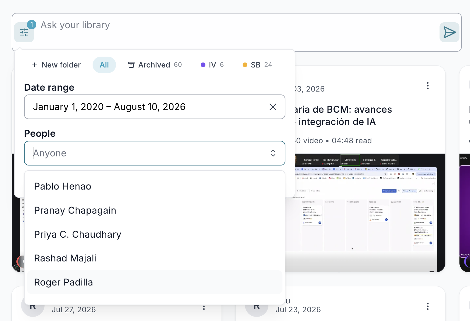 Variability's library filters: a date range picker and a people filter listing participants to narrow the search