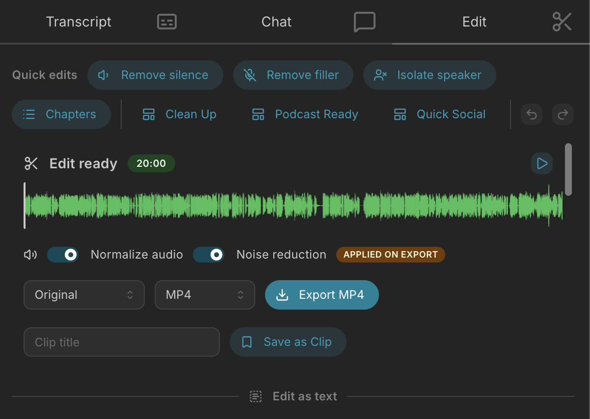 Variability's editor showing quick edits like remove silence, remove filler, and isolate speaker, a waveform, export presets, and an Export MP4 button
