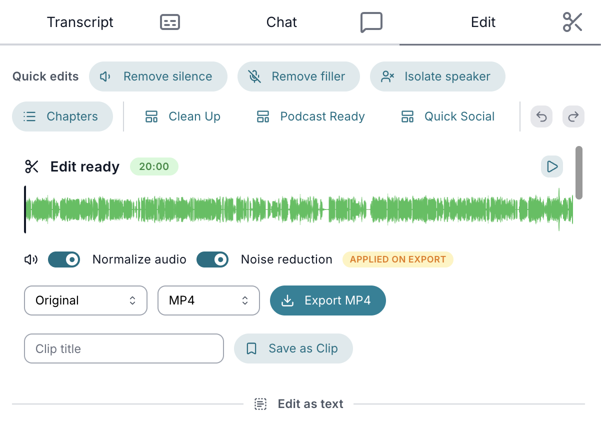 Variability's editor showing quick edits like remove silence, remove filler, and isolate speaker, a waveform, export presets, and an Export MP4 button